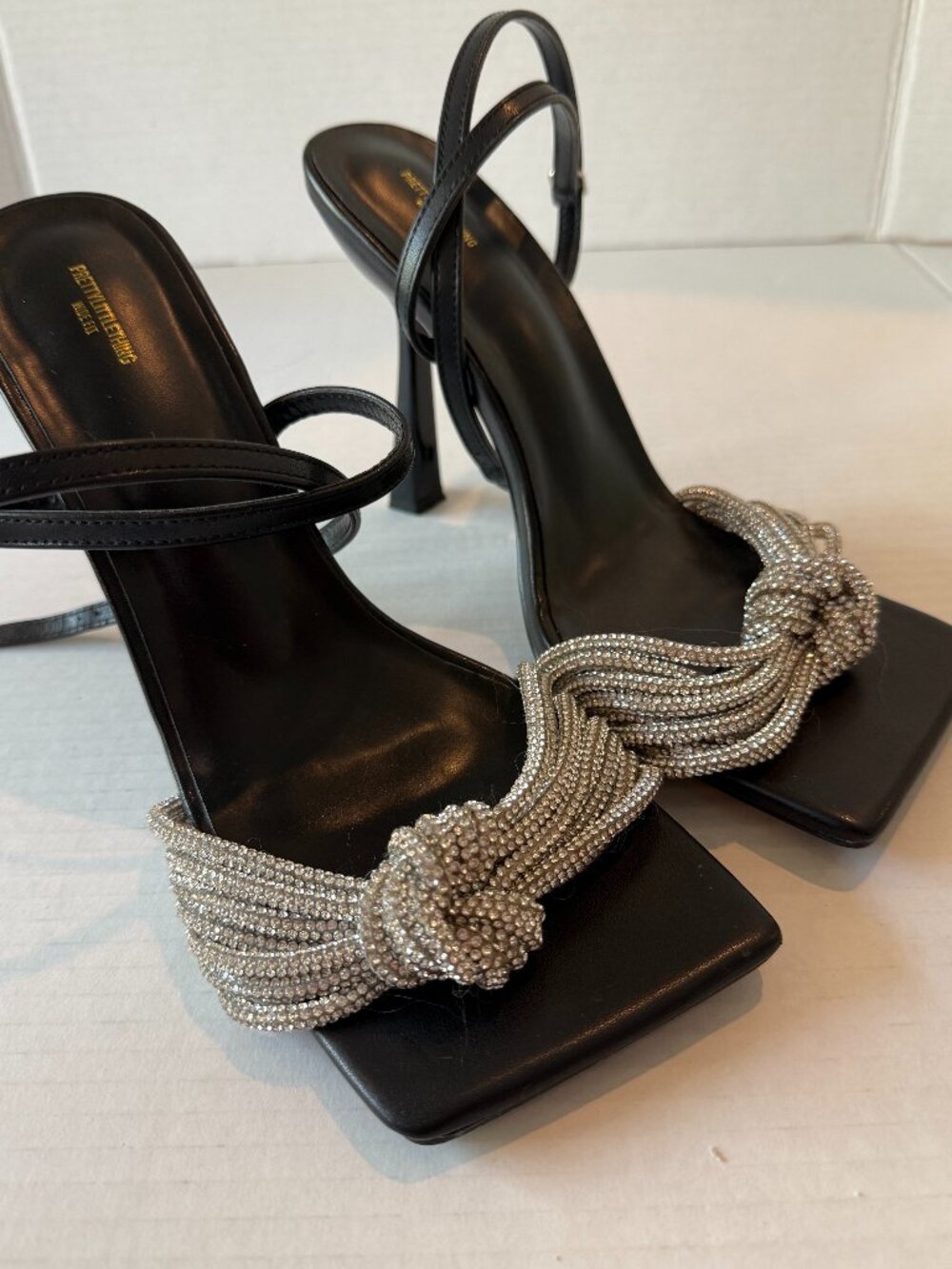 PrettyLittleThing Black PU Diamante Knot Barely There Heeled Sandals Size 9W